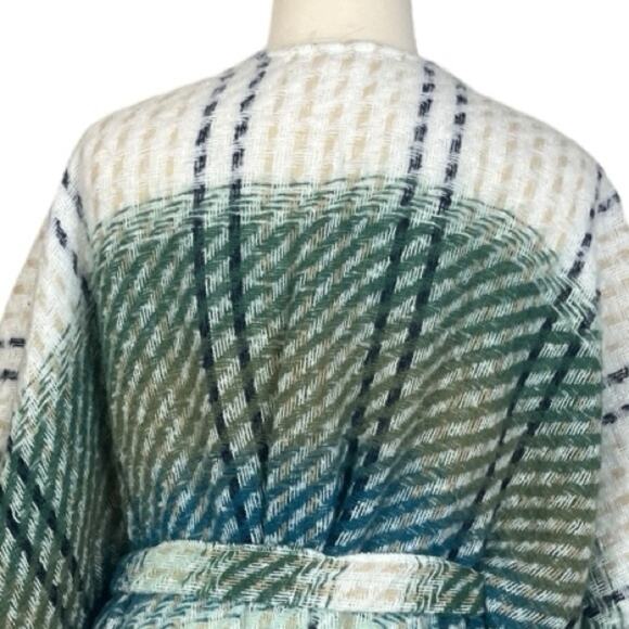 Lauren Conrad Sweater Belted Wrap Shawl Cream Blue Green Plaid Women’s Size OS - Picture 10 of 12